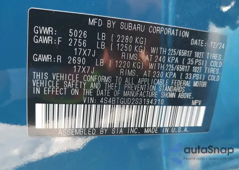 2025 Subaru Outback Wilderness from USA, damaged, VIN 4S4BTGUD2S3194310